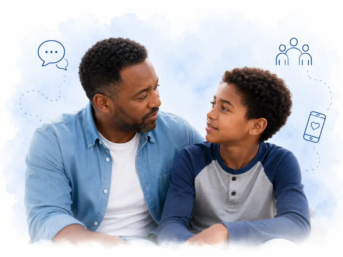 A father listening closely to his son during a supportive conversation