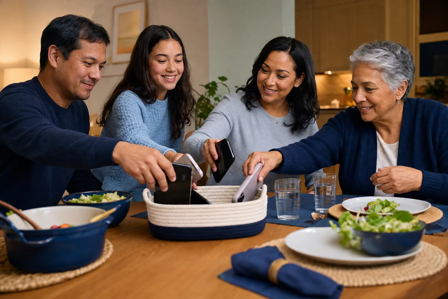 A family placing phones together before sharing dinner