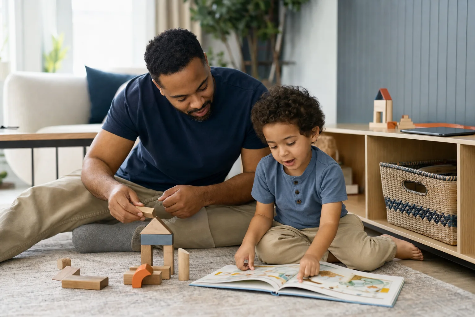 A father and preschool child building with blocks and reading together while a tablet rests aside